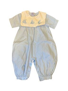 Vintage Itsy Bitsy Baby Romper 6M Blue & Yellow Sailboat Embroidery